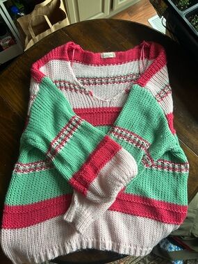 Altar'd State Pink and Mint Green Striped V-Neck Sweater